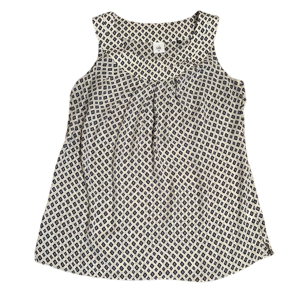 CAbi Sleeveless Cream & Blue Blouse with Diamond Pattern
